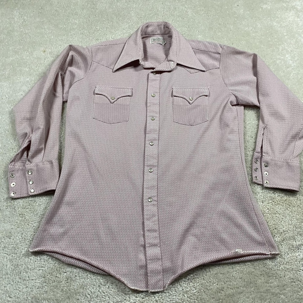 VTG Bar C Ranchwear Shirt Mens M Pink Herringbone Long Sleeve Pearl Snap Western